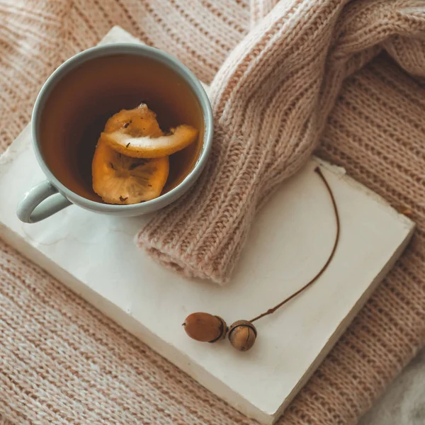 Stillleben im heimischen Wohnzimmer. Pullover und eine Tasse Tee mit einer Tüte auf den Büchern. lesen. Gemütliches Herbstwinterkonzept — Stockfoto