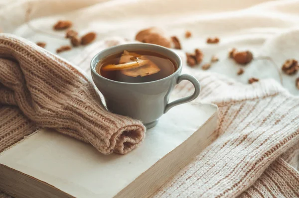 Nature morte à l'intérieur de la maison du salon. Des pulls et une tasse de thé avec un cône sur les livres. Lis. Confortable concept automne hiver — Photo