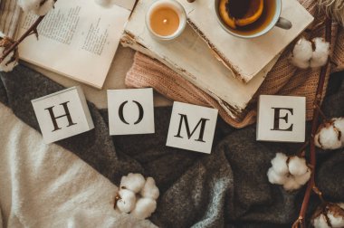 Oturma odası ve yazıt ev ev iç natürmort ayrıntılarda. Kitap ve çay ile koni ve pamuk. Okuyun. Geri kalan