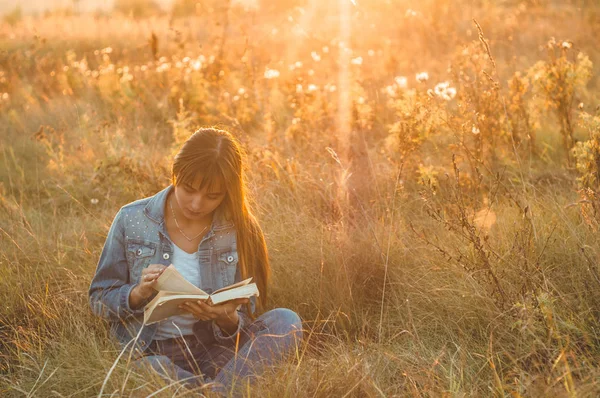 Belle fille en champ d'automne lisant un livre. La fille assise sur une herbe, lisant un livre. Repose-toi et lis. Lecture extérieure — Photo