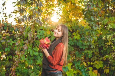 Güzellik romantik kız açık havada doğa holding zevk elinde bırakır. Güzel sonbahar modeli ile kızdırma saç sallayarak. Güneş ışığı