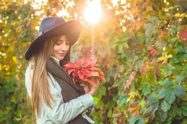 美丽浪漫的女孩户外享受自然持有叶子在手中。美丽的秋天模型与挥舞的辉光头发。太阳灯 — 图库照片