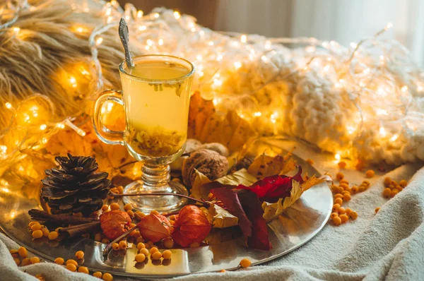 Tea with sea-buckthorn berries and ginger on old books, honey, candle and autumn leaves. The atmosphere of comfort at home. Cozy — Stock Photo, Image