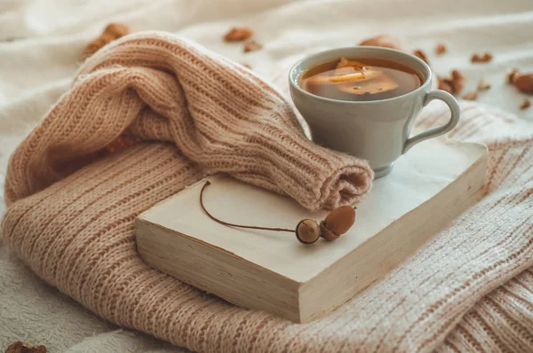 Still life in home interior of living room. Sweaters and cup of tea with a cone  on the books. Read. Cozy autumn winter concept — Stock Photo, Image