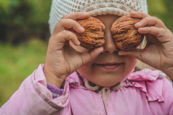 Giocare all'aperto carina bambina tenendo un noccioline davanti a lei. Raccolti di noci. Autunno in giardino, la ragazza e grandi noci — Foto Stock