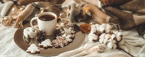 Cup with tea or coffee, fir branch, cookies in the shape of snowflakes, cozy knitted blanket, cotton and cozy garland, New Year — Stock Photo, Image