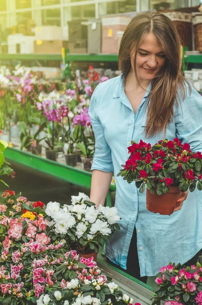 Hermosa cliente femenino oliendo macetas florecientes coloridas en la tienda minorista . — Foto de Stock