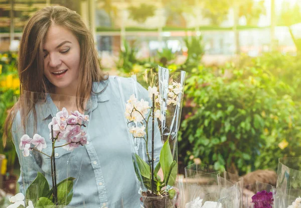 Hermosa cliente femenino oliendo orquídeas florecientes coloridas en la tienda al por menor . — Foto de Stock