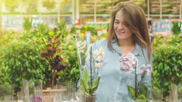 Hermosa cliente femenino oliendo orquídeas florecientes coloridas en la tienda al por menor . — Foto de Stock