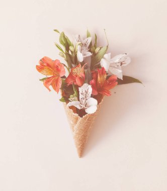 Çiçekler kompozisyon. Bahar, Paskalya konsepti. Düz yatıyordu, üst görünüm