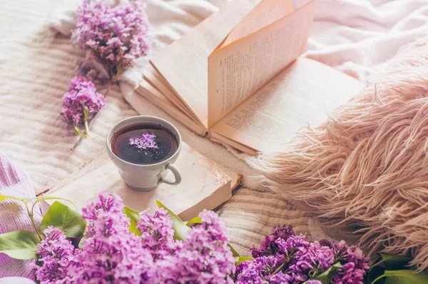 Masih rincian kehidupan di interior rumah ruang tamu. Sweater dan secangkir teh dengan bunga ungu dan dekorasi musim semi pada buku-buku — Stok Foto