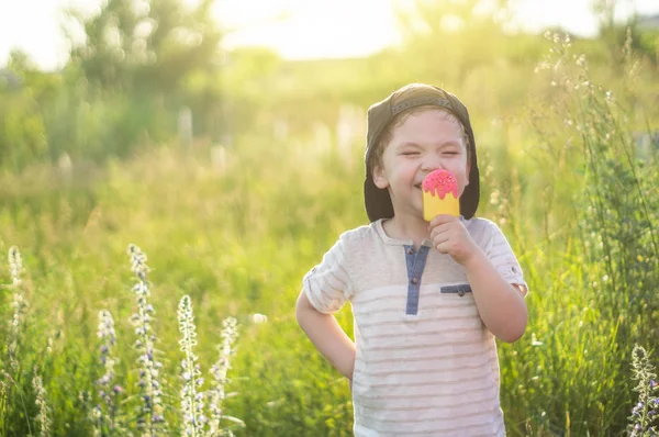 Niño Feliz Comiendo Galletas Forma Helado Los Niños Comen Jardín —  Fotos de Stock