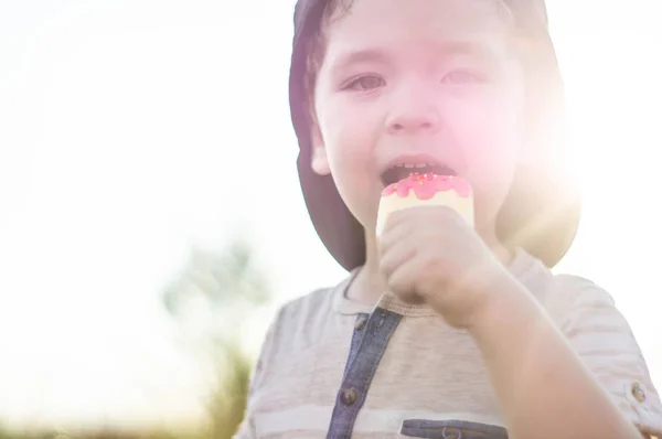 Happy Child Mangia Biscotti Sotto Forma Gelato Bambini Mangiano Giardino — Foto Stock