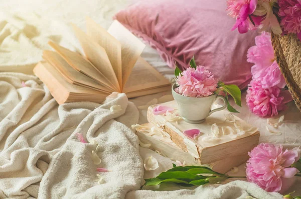 Stillleben Details im Wohnbereich des Wohnzimmers. Tasse mit Taubenblumen und Frühlingsdekor auf den Büchern. lesen, ausruhen — Stockfoto