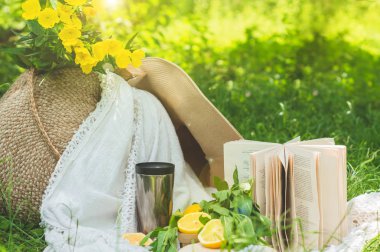 Saman çanta, kitap, şapka, limonata ve taze limon güneşli bir yaz günü