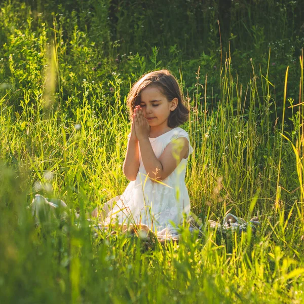 Little Girl becsukta a szemét, imádkozott a területen során gyönyörű naplemente. Az imádság koncepciójában kézzel hajtogatott kezek — Stock Fotó