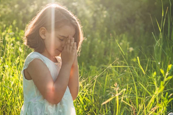 Gadis kecil menutup matanya, berdoa di lapangan selama matahari terbenam yang indah. Tangan dilipat dalam konsep doa untuk iman — Stok Foto