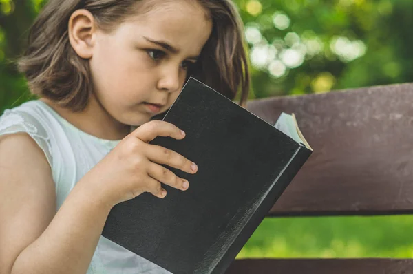 A menina tem o livro nas mãos. A ler o livro ao ar livre. A menina sentada em um banco — Fotografia de Stock