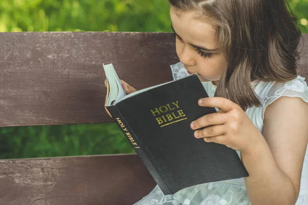 Membaca Alkitab di luar ruangan. Kristen gadis memegang Alkitab di tangannya duduk di bangku — Stok Foto