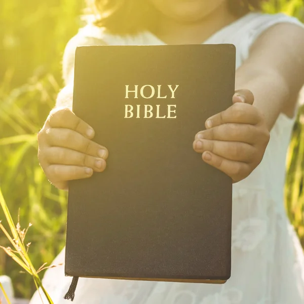 Chrześcijańska dziewczyna trzyma Biblię w jej rękach. Czytanie Biblii Świętej w polu podczas pięknego zachodu słońca. Koncepcja wiary — Zdjęcie stockowe