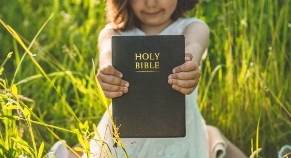 เด็กสาวคริสเตียนถือไบเบิ้ลในมือของเธอ อ่านพระคัมภีร์ศักดิ์สิทธิ์ในสนามในช่วงพระอาทิตย์ตกที่สวยงาม แนวคิดเพื่อความศรัทธา — ภาพถ่ายสต็อก