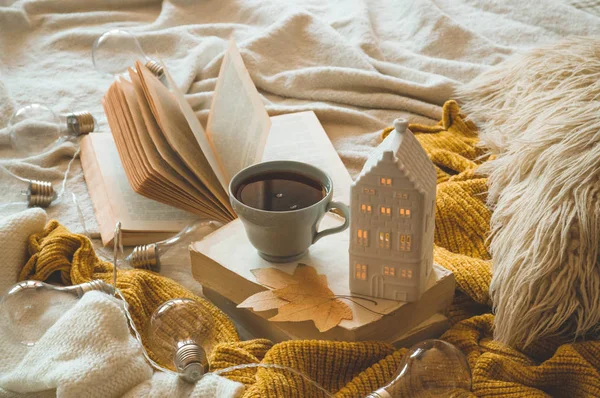 Still life details in home interior of living room. Sweaters and cup of tea with a candle house and autumn decor on the books — Stock Photo, Image