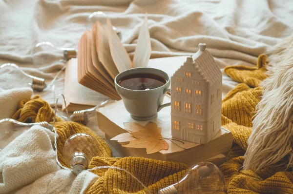 Masih rincian kehidupan di interior rumah ruang tamu. Sweater dan secangkir teh dengan rumah lilin dan dekorasi musim gugur di buku-buku — Stok Foto