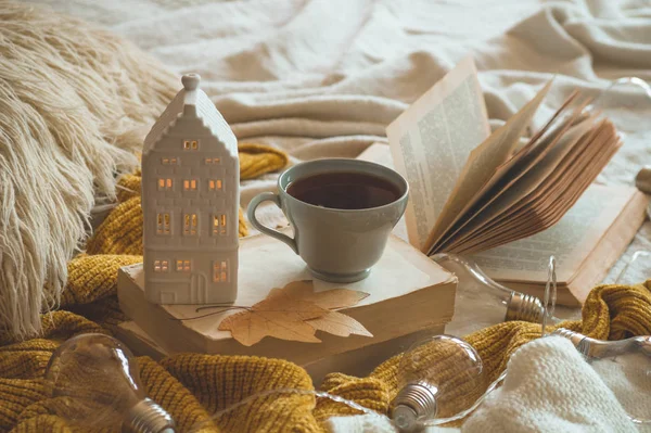 リビングルームの自宅のインテリアで静物の詳細。キャンドルハウスと秋の装飾と本のセーターとお茶のカップ — ストック写真