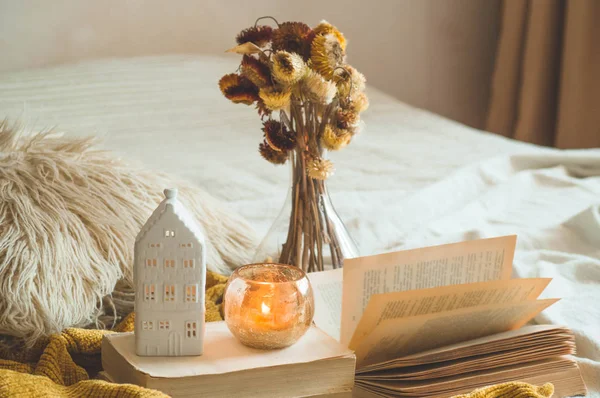 甜蜜的家客厅内部静静的生活细节。干花花瓶和蜡烛，秋天的装饰在书上。读 — 图库照片