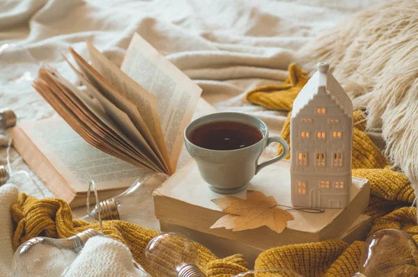 Still life details in home interior of living room. Sweaters and cup of tea with a candle house and autumn decor on the books — Stock Photo, Image