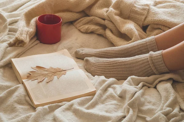 Cozy Autumn winter evening , warm woolen socks. Woman is lying feet up on white shaggy blanket and reading book. — Stock Photo, Image