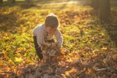 Šťastné malé dítě chlapeček se směje a hraje si na podzim