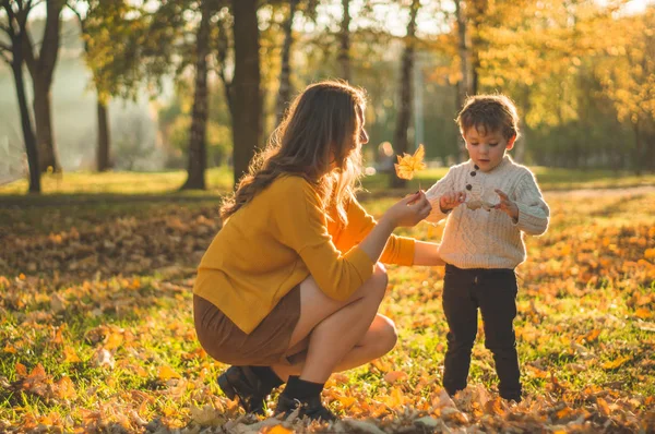 Matka a syn procházky v parku a užívat si krásné podzimní přírody — Stock fotografie