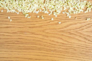 Ahşap arka planda Mürver çiçekleri. Alternatif tıp, metin veya yazıtlar için kopyalama alanı