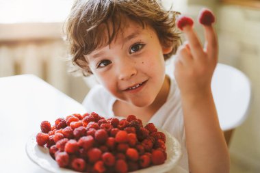 Güzel bir çocuk taze ahududu yiyor. Sağlıklı gıda, çocukluk ve gelişme. 