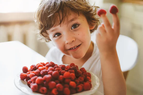 Lindo niño hermoso comiendo frambuesas frescas. Alimentación saludable, infancia y desarrollo. — Foto de Stock