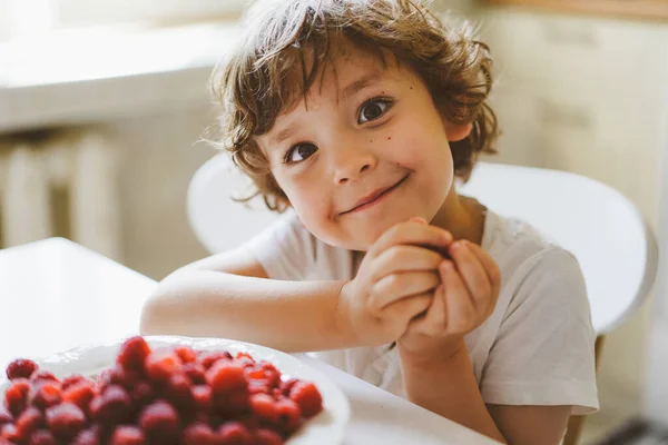 예쁜 꼬맹이가 신선 한 라즈베리를 먹고 있네. 건강에 좋은 음식, 어린 시절 및 발육. — 스톡 사진