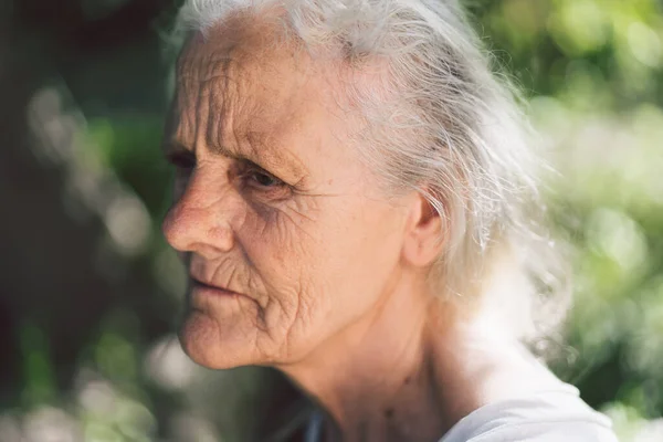 Retrato de uma avó adulta de cabelos grisalhos contra o fundo da natureza — Fotografia de Stock