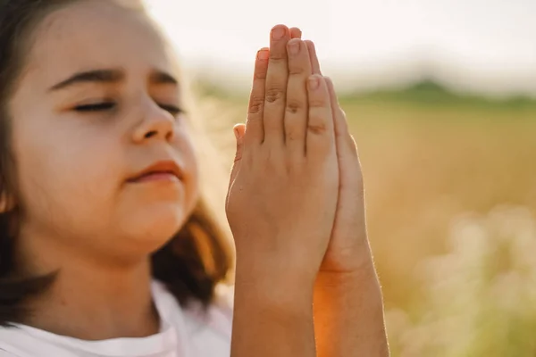 สาวน้อยหลับตา อธิษฐานในนาข้าวสาลี มือพับในการอธิษฐาน . — ภาพถ่ายสต็อก