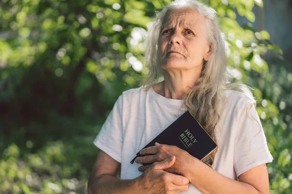 A avó de cabelos grisalhos tem a bíblia nas mãos. Lendo a Bíblia Sagrada em uma natureza. Conceito de fé, espiritualidade e religião — Fotografia de Stock