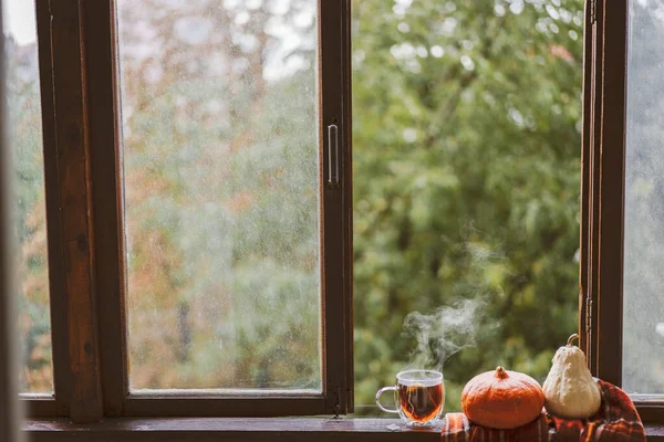 Une tasse de thé chaud et un livre ouvert sur un rebord de fenêtre vintage — Photo