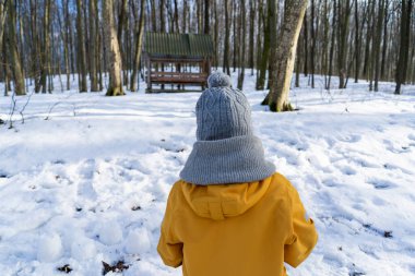Child having fun in the snow, wearing winter clothing in snowy landscape during daytime. Child with a big smile surrounded by snowy trees and a clear blue sky.