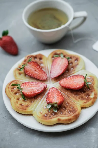 Homemade Belgian Waffles Strawberries Herbal Tea Gray Background — Stock Photo, Image