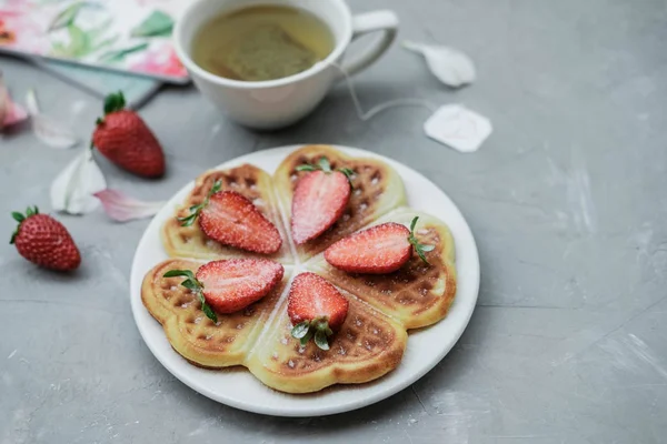 Waffles Belgas Caseiros Com Morangos Chá Ervas Fundo Cinza — Fotografia de Stock