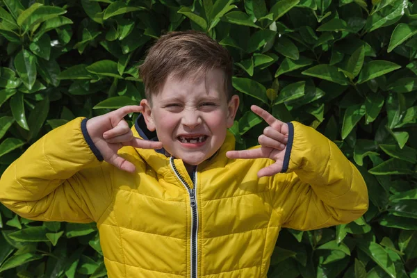 Портрет Симпатичного Улыбающегося Мальчика Лет Желтой Куртке Фоне Зеленой Натуральной — стоковое фото