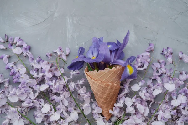 Wafel Kegel Met Blauweregen Irissen Callas Bloem Roze Achtergrond Achtergrond — Stockfoto