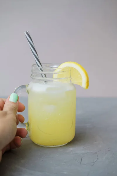 Fruit Water Lemon Glass Jar Gray Background — Stock Photo, Image