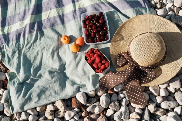 Composição Verão Com Chapéu Bagas Óculos Sol Uma Praia Seixos — Fotografia de Stock