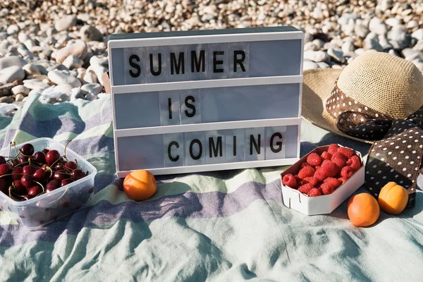 Sommerkomposition Mit Briefkasten Zitat Hut Beeren Und Sonnenbrille Auf Einem — Stockfoto
