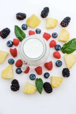 Smoothies çilek, ananas ve yoğurt ile ahududu için malzemeler. Düz yatıyordu, en iyi görünümü